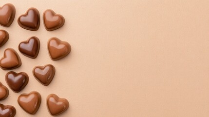 Delicious chocolate heart treats on a smooth beige surface food photography indoor setting top view romantic concept