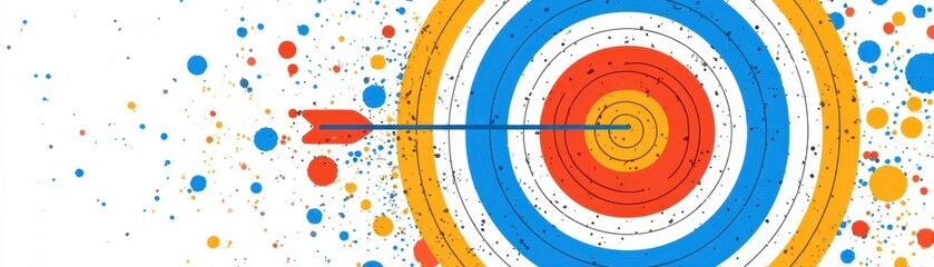 A colorful illustration of a bullseye target with an arrow hitting the center, surrounded by splashes of vibrant colors