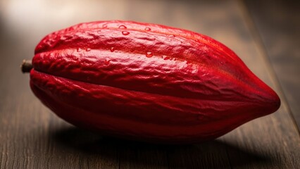 Red Cacao Pod on Wooden Surface.