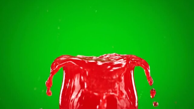 Red liquid splashing against a green background in a dynamic motion