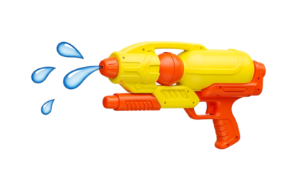 A yellow and orange toy water gun with water droplets