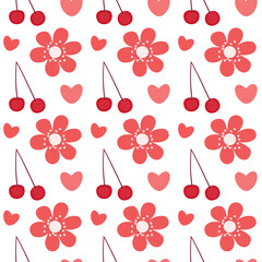 Valentine's Day and birthday seamless pattern. Vector illustration. Red heart, cherries, and red flower on white background. Print for fabric and textiles. Ornament for packaging and wrapping paper.