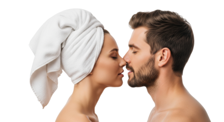 shirtless caucasian couple, faces extremely close, eyes closed, woman wearing a white terry cloth towel, soft high-key studio lighting, serene wellness and intimate romance concept