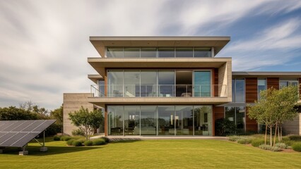 Modern architectural home with large glass windows and a green lawn exterior