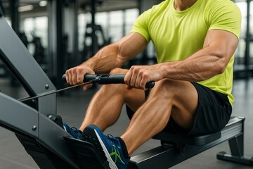 Close-up of muscular man exercising on rowing machine in gym wearing bright green shirt and black shorts, focusing on arms and legs strength workout. Ai generative