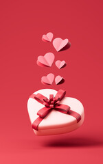 Fototapeta premium Valentines Day gifts with red hearts. Heart shaped origami. Valentine's Day theme background. Wedding theme background. 3d rendering.