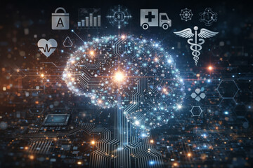 AI generated medical AI brain data intelligence visual representing digital healthcare artificial intelligence health analytics and smart medical decision systems for future healthcare innovation