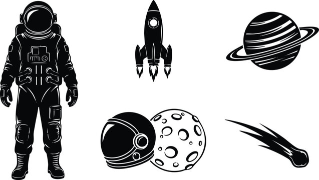 Black and white vector art of astronaut standing with detailed suit rocket launching beside planet with rings and floating moon helmet and passing comet space design elements
