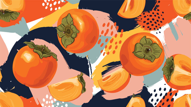 Modern and artistic seamless pattern featuring ripe persimmon fruits against a vibrant and abstract background of paint brush strokes.