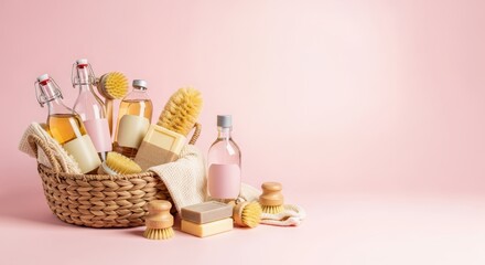 Natural bath products and self-care set with eco-friendly accessories on pink background