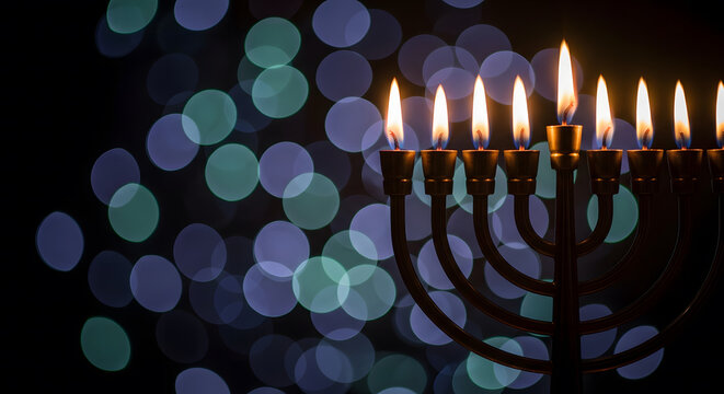 Nine burning candles on a Menorah set against abstract blue and