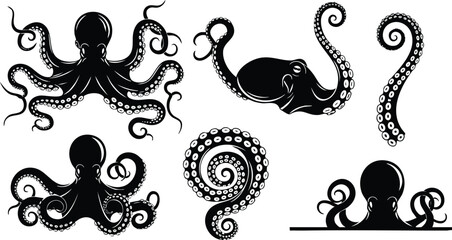 Black octopus vector art showing variety of tentacles and heads in different curled positions with detailed suckers and isolated on white background with simple flat design