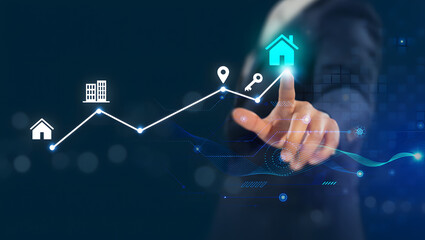 Real Estate Investment Growth and Digital Property Market Trends Concept with Businessman Touching Financial Graph, Icons of House, Location Pin and Key on Blue Background for Success Analysis.