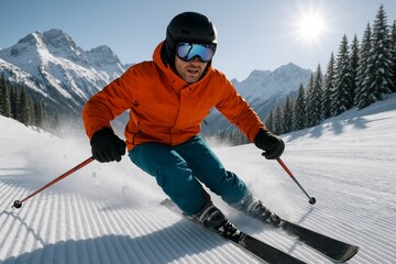Skier in bright gear carving down groomed snowy slope with mountains and pine trees in the background under bright sunlight in winter landscape. Ai generative