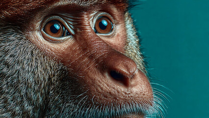 A close-up portrait of a monkey's face with intense eyes looking to the right against a teal background