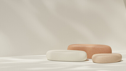Minimal beige 3D background featuring a set of rounded podiums in soft neutral tones with natural lighting and clean shadows. Professionally rendered using 3D software, this scene is ideal