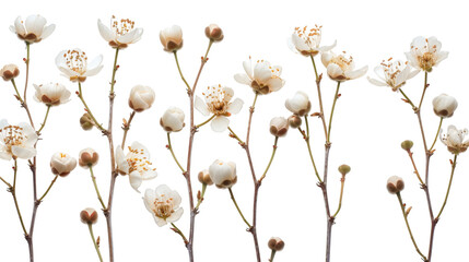 Set of delicate twig flowers with green stems on a white background isolated
