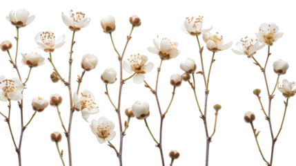 Set of delicate twig flowers with green stems on a white background isolated