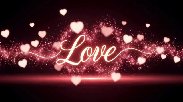 Elegant cursive love text with two sparkling hearts and floating bokeh background