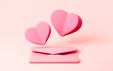 Pink heart shaped envelopes,heart shaped Origami, Valentine's Day theme. Wedding theme. 3d rendering.
