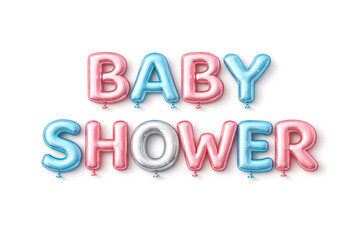 Baby Shower text made of shiny balloon letters in pink, blue and silver on a white background. Festive party decoration concept for newborn celebration, gender reveal and baby shower events.