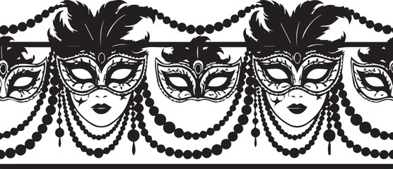 Elegant black masquerade mask border with feathers and beads