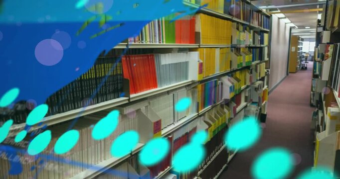 Animation of spots and data processing with world map over books on shelves in library