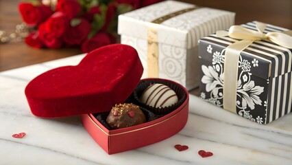 Romantic gifts chocolates roses and beautifully wrapped presents for a loved one
