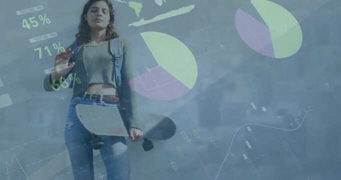 Animation of globe and icons over caucasian woman with skateboard