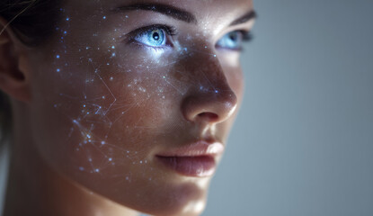 A woman's face and neck showing smooth skin, detailed features, and glowing blue eyes with digital holographic accents