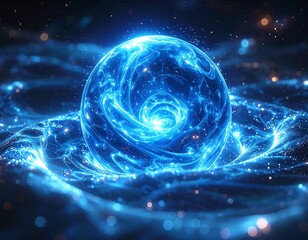 Glowing sphere of energy with swirling patterns amidst stellar dust