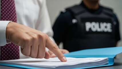 Legal Authority Lawyers Finger Points to Document with Police Officer in Background.
