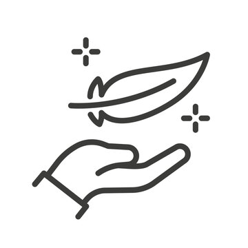 fabric with feather filler icon, feather in hand, lightweight, light or soft provides, linear vector illustration