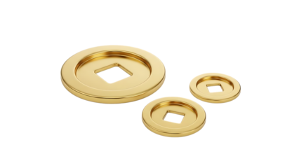 Three gold washers with square holes on a black background