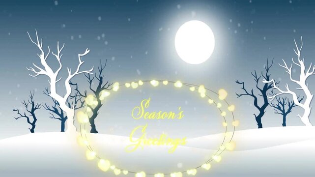 Glowing Season's Greetings animation over snowy landscape under full moon sky