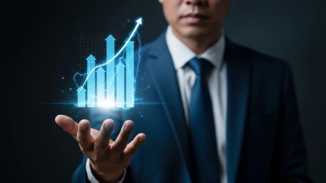 Businessman Holding Holographic Graph - Visualizing Success and Growth.