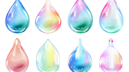 Set of drops water fluid holographic Iridescent isolated on white background