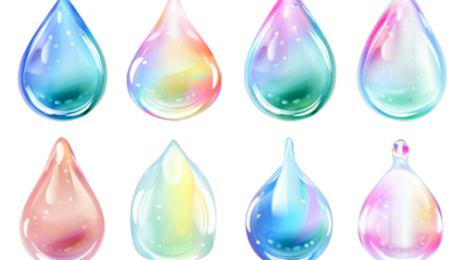 Set of drops water fluid holographic Iridescent isolated on white background