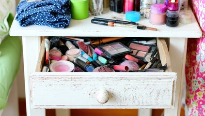 Makeup Drawer with Cosmetics and Accessories.