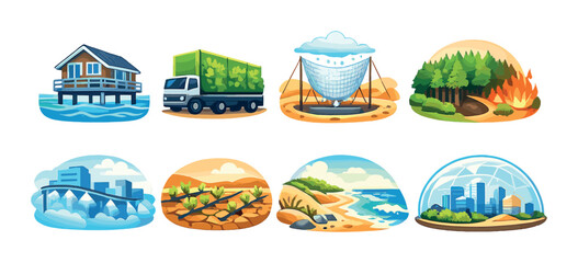 Climate change solutions illustration with sustainable transport and renewable energy