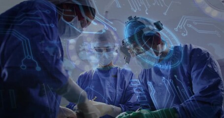 three surgeons exchanging tools initiating holographic overlay guiding instruments in medical OR - Powered by Adobe