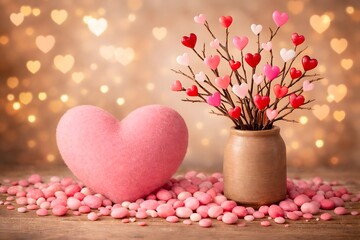 Romantic golden bokeh background with pink felt heart and heart branch vase