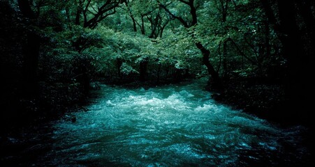 Mystical Glowing River in a Dark Enchanted Forest.