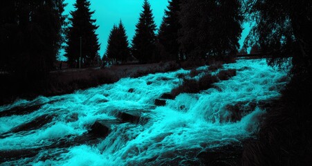 Mystical Glowing River in a Dark Forest.