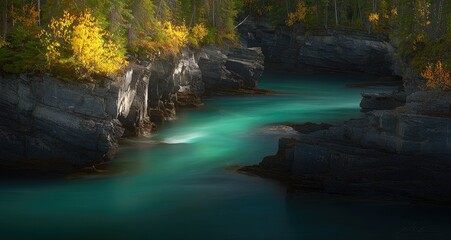 Mystical Glowing Turquoise River in an Autumn Forest.