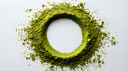 Vibrant green powder forms a circular frame on a clean, white backdrop. The texture is coarse, casting delicate shadows, creating an abstract and visually appealing minimalist design.