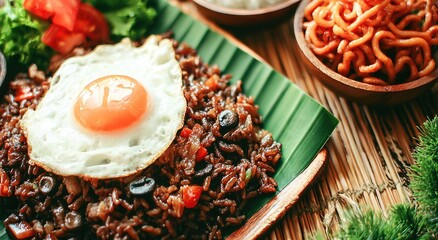 Nasi Goreng with Fried Egg and Vegetables on Banana Leaf.