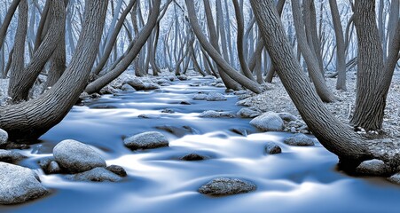 Mystical River Flowing Through a Winter Forest.