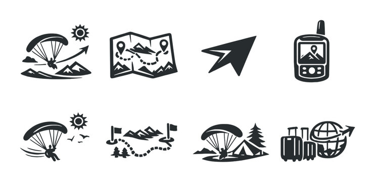Adventure icons: paragliding, camping, gps, maps, nature exploration symbols