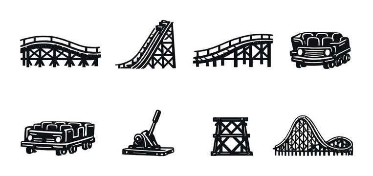 Collection of vintage roller coaster and amusement ride icons on gray background